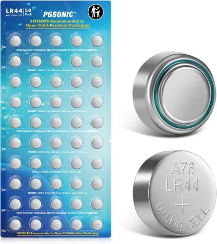 PGSONIC Paquete de 50 baterías LR44, pilas de botón alcalinas de 1.5 voltios con potencia de larga duración
