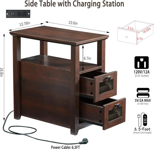 Miniatura 2 de HDDDZSW - Mesa auxiliar de granja XXL con estación de carga; mesa auxiliar estrecha con puertos USB y tomas de corriente, mesita de noche con 2
