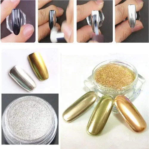 Miniatura 7 de Polvo cromado metálico Hisight 2 piezas de espejo de arte de uñas con purpurina cromada, pigmento en polvo, lentejuelas para uñas, color dorado