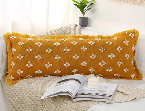 Miniatura 13 de Funda de almohada lumbar larga bohemia de 12 x 36 pulgadas con flecos de borlas, funda de almohada lumbar extra decorativa con patrón de flores 3D