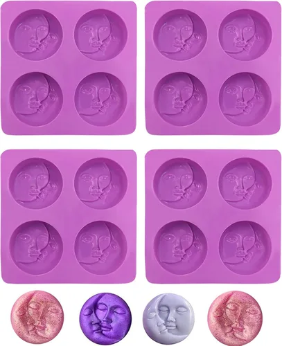 4 piezas moldes de jabón facial de 4 cavidades con sol y luna, moldes de silicona para jabón de sol y luna, molde de jabón de silicona para hacer
