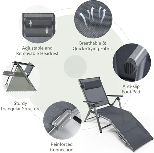 Miniatura 5 de Tangkula 2 sillones de aluminio para exteriores, tumbona plegable para patio con 8 respaldos y 2 posiciones ajustables de patas, sillón reclinable