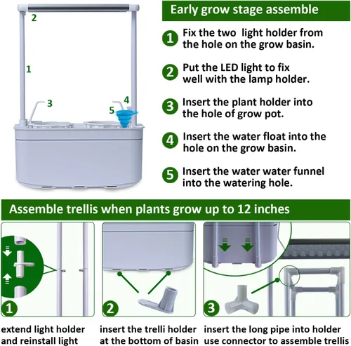 Miniatura 9 de E SUPEREGROW Kit de sistema de cultivo hidropónico con enrejado, sistema de jardinería hidropónico alto inteligente con luz LED de crecimiento, kit