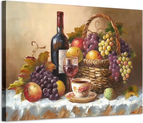 Miniatura 11 de ARTISTIC PATH Arte de Pared en Lienzo de Comida Retro - Cuadro Vintage de Frutas Burdeos Colorido Melocotón Uva Pintura Antigua Impresiones de Arte