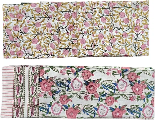 Miniatura 3 de Mango Gifts Mantel indio con estampado a mano, 100% algodón, floral, multicolor, con 6 servilletas