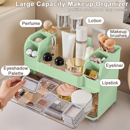 Miniatura 2 de DASITON Organizador de maquillaje de gran capacidad para tocador con 2 cajones, organizadores de cuidado de la piel con soporte para brochas