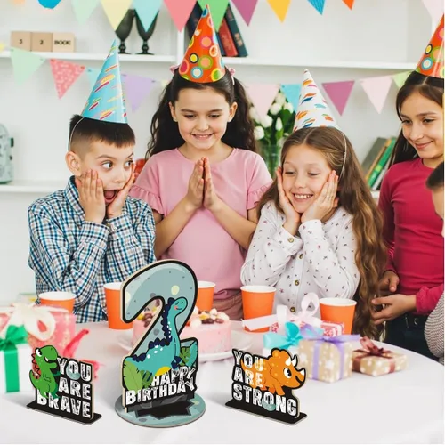Miniatura 4 de Juego de 3 piezas de dinosaurios con signo de número de 2º cumpleaños, decoración de mesa de dinosaurios para niños y niños de 2º cumpleaños