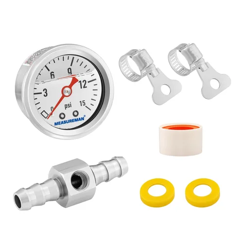 MEASUREMAN - Manómetro, 0 a 15 psi, relleno glicerina, esfera 1.5 pulgadas, caja acero inoxidable 304, montaje central posterior 1/8 NPT, adaptador