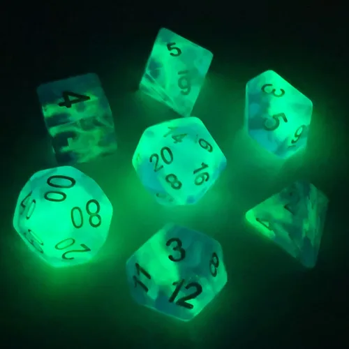Miniatura 11 de Bescon Juego de dados poliédricos que brillan en la oscuridad de dos tonos Blue Dawn, juego de dados RPG luminosos d4 d6 d8 d10 d12 d20 d% paquete
