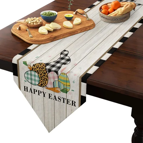 Miniatura 2 de Z&L Home Camino de mesa de conejo de búfalo de Pascua de algodón y lino, huevos de abril, bufandas de tocador, tablero de madera retro para cena