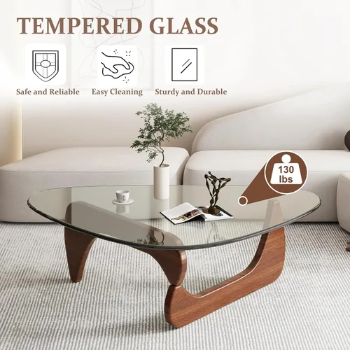 Miniatura 4 de Mesa de Centro Triangular con Base de Madera, Superficie de Vidrio Transparente, Mesa de Vidrio de Mediados de Siglo, Mesa Auxiliar Abstracta