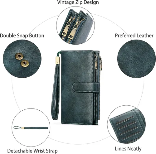 Miniatura 7 de GOIACII Cartera de mujer con bloqueo RFID triple pliegue cartera de mano larga para mujer cartera de cuero vegano con bolsillo para monedas A02-azul