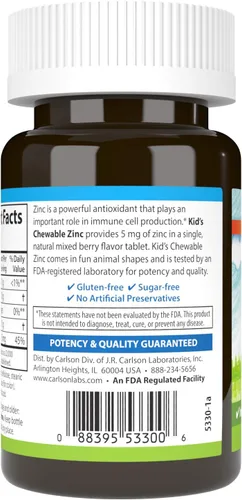 Miniatura 3 de Carlson - Zinc masticable para niños, 5 mg, apoyo inmunológico, poder antioxidante, sabor natural de bayas mixtas, 42 tabletas