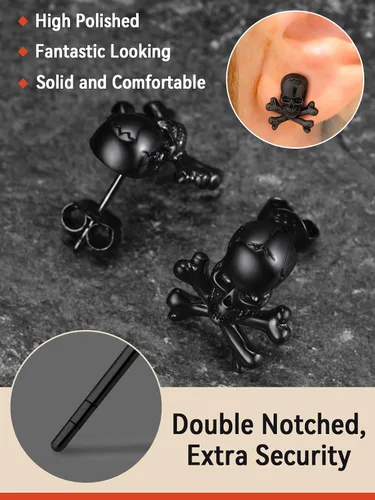 Miniatura 3 de FaithHeart Skull Hoop Earrings for Men SilverBlackGold Stainless Steel Huggie Hoop Earrings Lightweight Hypoallergenic Earrings for Sensitive Ears