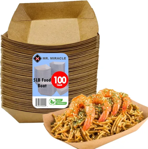 Miniatura 9 de Bandejas de papel para alimentos, papel kraft. Extra grandes (5 libras). Paquete de 250 botes desechables y reciclables. Para condimentos