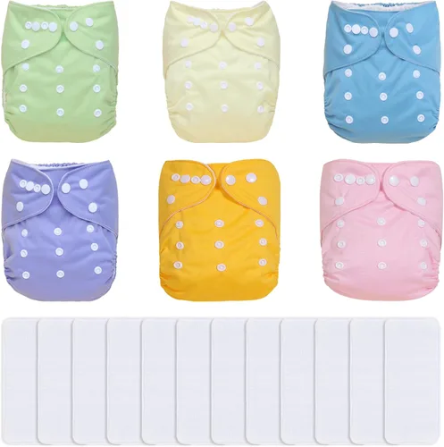 Miniatura 15 de TDIAPERS Pañales de tela reutilizables, lavables, de bolsillo, talla única, ajustable para pañales de tela a presión, paquete de 6 con 6 insertos