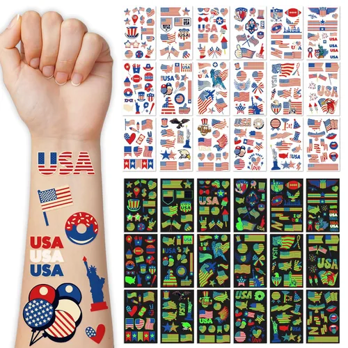 Tatuaje temporal del Día de la Independencia, tatuaje de manga facial del 4 de julio, 36 hojas luminosas de tatuajes falsos de bandera