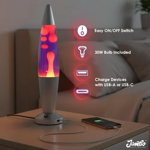 Miniatura 3 de JAMBO Hermosa lámpara de movimiento líquido de 16 pulgadas con USB, color morado con cera amarilla/naranja para adultos, adolescentes y niños