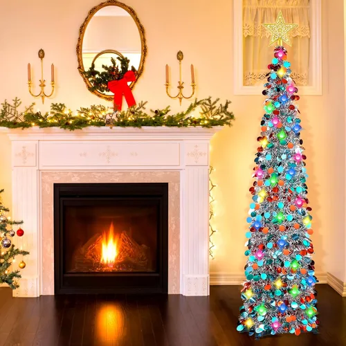 Miniatura 5 de RACPNEL Árbol de Navidad de oropel desplegable de 5 pies con luces LED, lentejuelas, adorno de árbol, árbol de Navidad plegable artificial