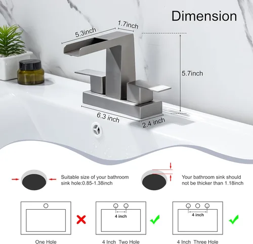 Miniatura 3 de Grifo de lavabo de lavabo de 4 pulgadas con cascada de 3 agujeros, grifo de lavabo moderno con desagüe desplegable de desbordamiento, níquel Níquel