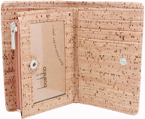 Miniatura 3 de boshiho Cartera de bloqueo RFID ecológica con corcho biplegable para tarjetas con monedero con cremallera y ventana de identificación (corcho) (01)