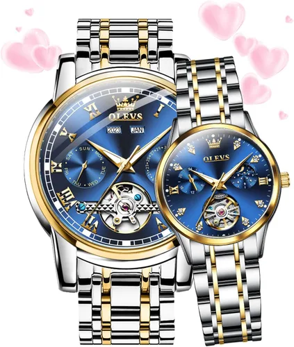 Miniatura 7 de OLEVS Relojes de pareja para hombres y mujeres, reloj automático para él y ella, tono de remolque, de acero inoxidable, impermeable, luminoso