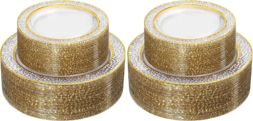 Miniatura 6 de Nervure - Platos de plástico, negro transparente con diseño de borde dorado desechables, platos de plástico para fiestas de boda, incluye 51 platos