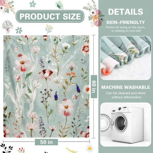 Miniatura 2 de yuboo Manta floral para sofá, 50 x 60 pulgadas, manta de verano de flores silvestres en acuarela verde, manta de franela de microfibra suave, manta