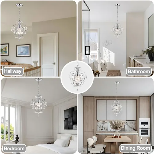 Miniatura 3 de Candelabro pequeño para dormitorio, candelabro cromado 90% preensamblado, mini candelabro de cristal acrílico, 1 lámpara colgante para dormitorio