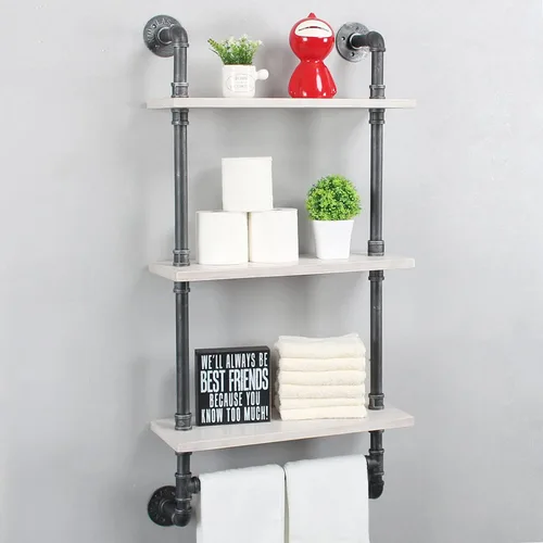 Miniatura 5 de MBQQ Estante de tubería industrial para baño, estantes montados en la pared, estante de madera rústica de 19.6 pulgadas con toallero, toallero