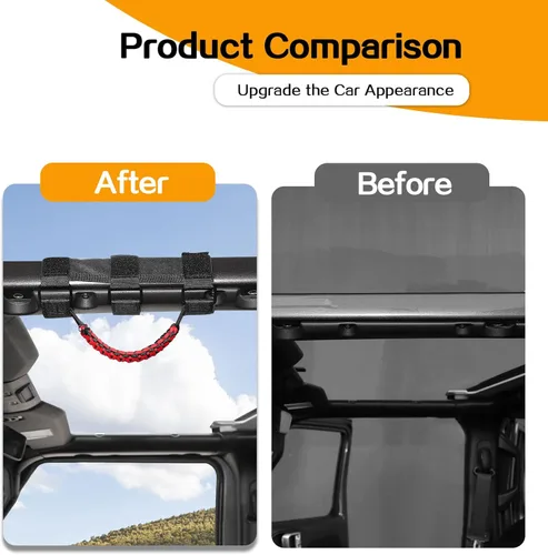 Miniatura 2 de 4 asas de agarre de barra antivuelco con paracord Compatibles con 1955-2023 Jeep Wrangler YJ TJ JK JKU JL JLU & Gladiator JT, Negro & Rojo, Bandera