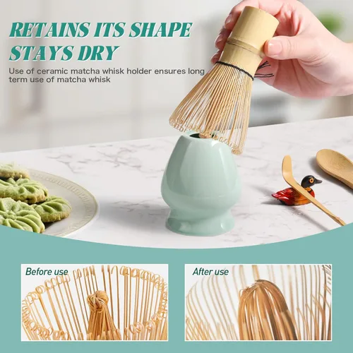 Miniatura 4 de Juego de batidor de matcha: juego de matcha con batidor de matcha de bambú y soporte de cerámica, cuchara de bambú+cuchara de madera, soporte