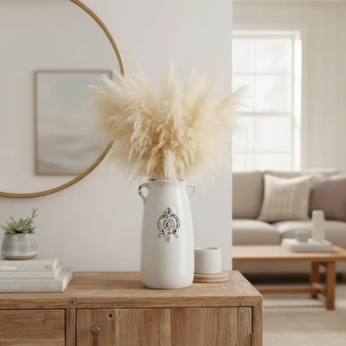 Miniatura 4 de MyGift Jarrón de cerámica blanca con mango y diseño de sello en relieve, jarrón antiguo en forma de jarra de flores de mesa Blanquecino