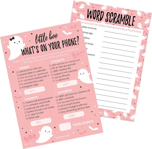 Miniatura 8 de DISTINCTIVS Blue Little Boo is Almost Due Halloween Boy Baby Shower Game Pack – 20 tarjetas de doble cara – Qué hay en tu teléfono y palabras