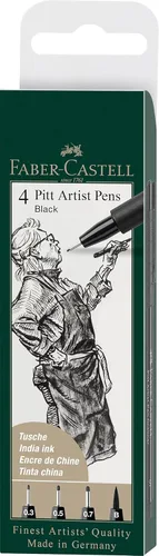 Faber-Castell Pitt Artist Pens - Juego de 4 bolígrafos negros de tinta india, marcadores surtidos para artistas (estilos S, F, M, B)
