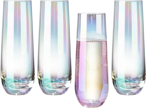MyGift Juego de 4 copas de champán modernas de 9 onzas, vino espumoso iridiscente, vino Prosecco transparente arcoíris, juego de mimosa de cóctel,