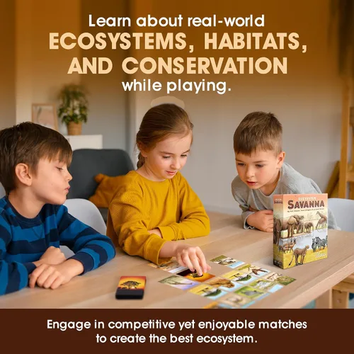 Miniatura 4 de Ecosistema: Sabana - Un Juego de Cartas Familiar Sobre Animales en la Selva Arbustiva de la Sabana Africana - Juego de Ecología Divertido