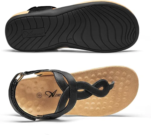 Miniatura 6 de Athlefit - Sandalias ortopédicas con soporte de arco para mujer, cómodas, con correa en T, sandalias casuales planas con soporte ortopédico