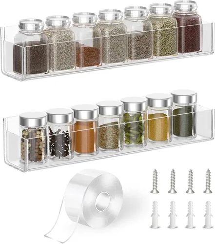 Miniatura 9 de PMMASTO Organizador de especias acrílico adhesivo para pared con cinta nano de doble cara, organización de estante de especias para puerta