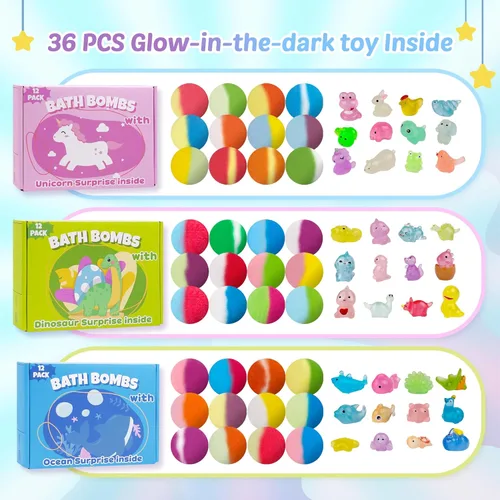 Miniatura 2 de Bombas de baño para niños con juguete interior, set de 36 bombas de baño con dinosaurio que brilla en la oscuridad, animales y sorpresas oceánicas