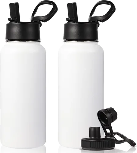 Miniatura 39 de Neihepal Botella de agua aislada de 32 onzas con 2 tapas (tapa con pajilla y boquilla), botellas de agua de doble pared de acero inoxidable 18/8