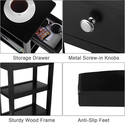 Miniatura 7 de SEJOV Mesa auxiliar estrecha, pequeña mesa auxiliar blanca con cajón y estante de almacenamiento, mesita de noche de madera para sala de estar