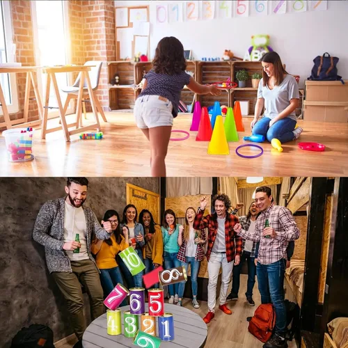Miniatura 8 de Juego de 36 juegos de carnaval 4 en 1 para lanzar bolsas de frijoles de plástico, juego de lanzamiento de anillo de cono de plástico para interiores