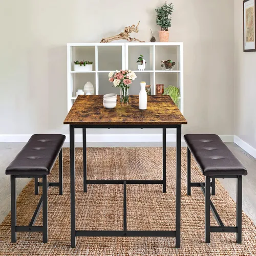 Miniatura 4 de Alkmaar Juego de mesa de cocina con 2 bancos tapizados para 4 personas, mesa rectangular de metal y madera para espacios pequeños, apartamento