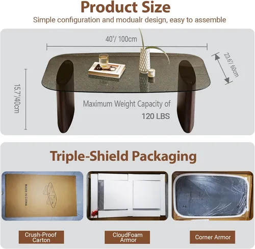 Miniatura 4 de Mesa de centro moderna de cristal, mesa de centro para sala de estar, tapa de vidrio templado con base de madera resistente, mesas de centro Nogal