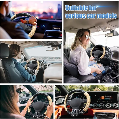 Miniatura 6 de SuperKaKa Funda para Volante Negra y Dorada, Cubierta de Volante de Auto Linda con Diamantes de Imitación Brillantes de Cuero Suave y Cómodo