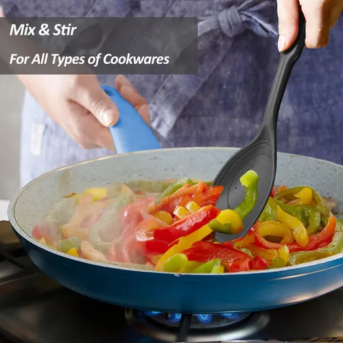 Miniatura 7 de Cuchara de cocina grande de silicona, juego de cuchara sólida antiadherente con tazón profundo y marca de medición para mezclar, servir, escurrir