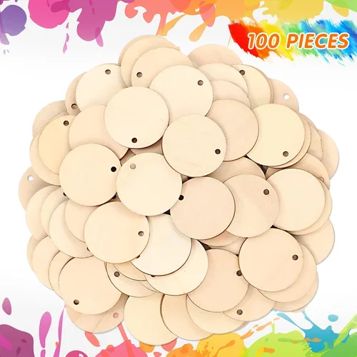Miniatura 2 de 100 piezas de discos de madera redondos sin terminar con orificios, círculos de madera natural en blanco para manualidades, recortes de madera