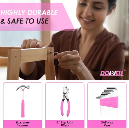 Miniatura 5 de DOWELL Juego de herramientas para el hogar de 40 piezas rosa, kit de herramientas manuales generales para el hogar con estuche de almacenamiento