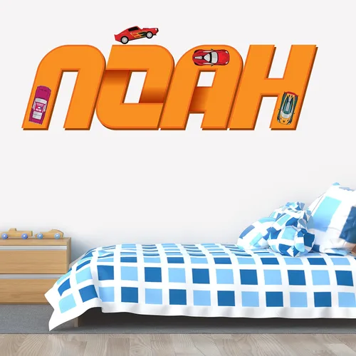 Miniatura 3 de Decoración de habitación de coches para niños, calcomanía de pared con nombre de bandera de carreras, arte de pared personalizado para niños, bebés